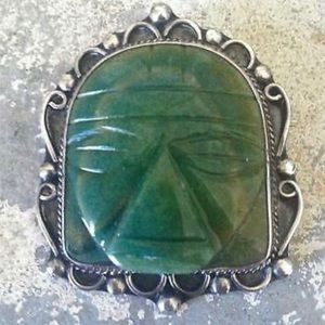 Vintage Carved Green Onyx Aztec Face Silver Brooch